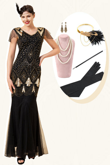 Preto e Dourado 1920s Vestido Com 20s Acessórios Set